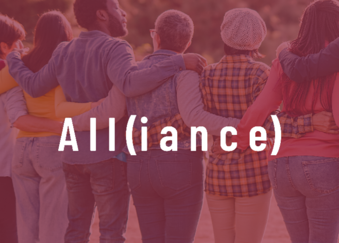 Group of people stands with their backs to the photo. The word All(iance) is written in the foreground. There is a pink overlay on the photo.