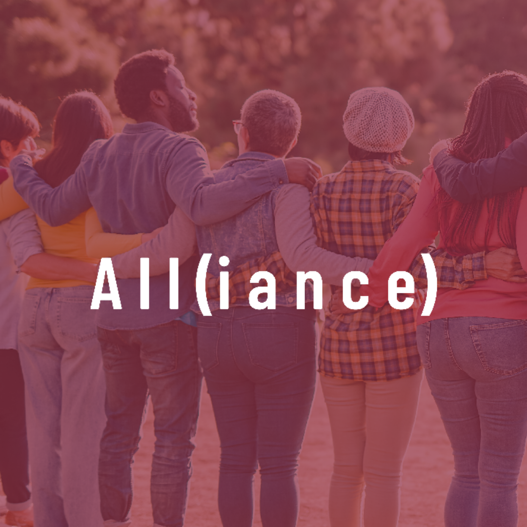 Group of people stands with their backs to the photo. The word All(iance) is written in the foreground. There is a pink overlay on the photo.