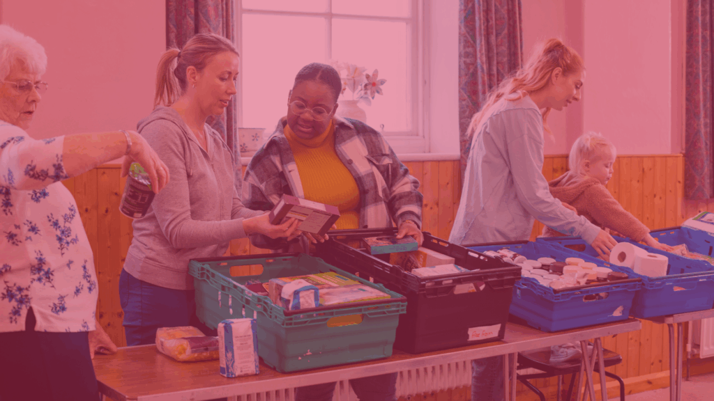 Individuals and families at a food bank.